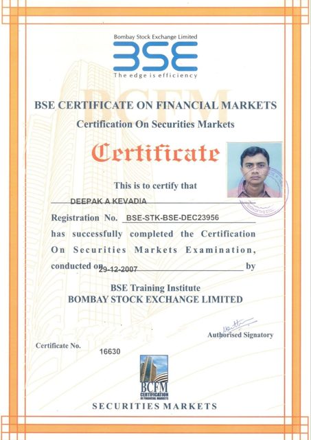 BSE Certificate on Financial Markets, Securities Markets certification awarded to Deepak A Kevadia