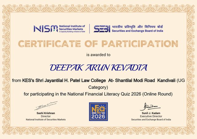 National Financial Literacy Quiz 2026 certificate of participation awarded to Deepak Arun Kevadia