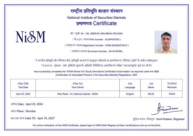 NISM Series VIII Equity Derivatives Certification awarded to Deepak Arun Kevadia
