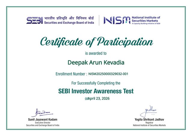 SEBI Investor Awareness Test certificate of participation awarded to Deepak Arun Kevadia